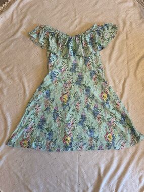 Girls George Floral Off Shoulder Mini Dress Cottagecore Pastel Green XL 14-16